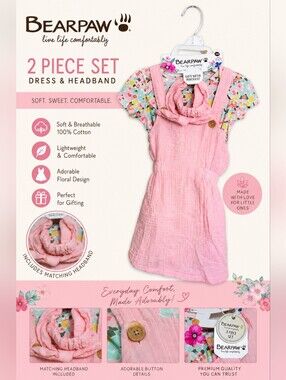 BearPaw Pink Floral Dress & Matching Headband Set